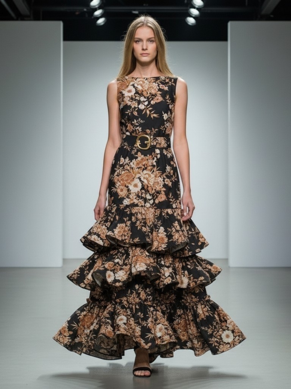 NWT Black Floral Tiered Ruffle Trumpet Gown By INA Runway Avant Garde Maxi Dress
